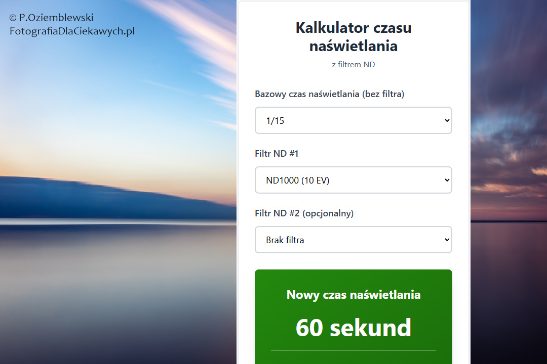 Darmowy kalkulator czasu naświetlania z filtrem ND